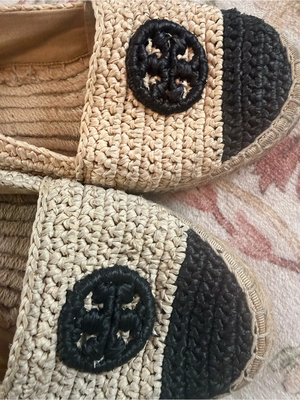 Tory Burch Crochet Espadrille Flats in Natural and Black Raffia